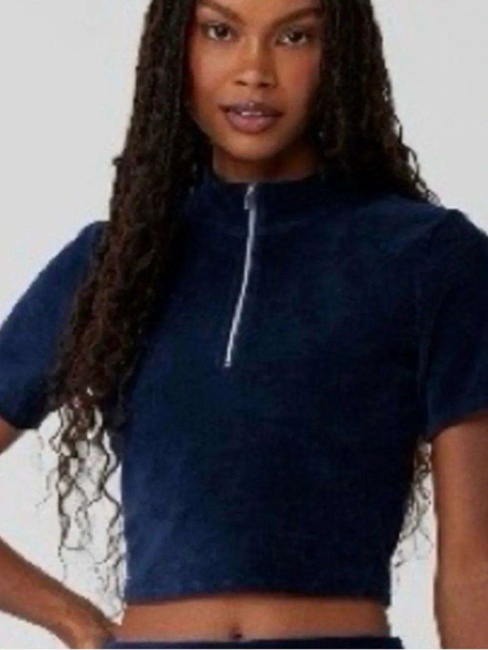 ALO Yoga Navy Blue Corduroy Short-Sleeve Zip Top